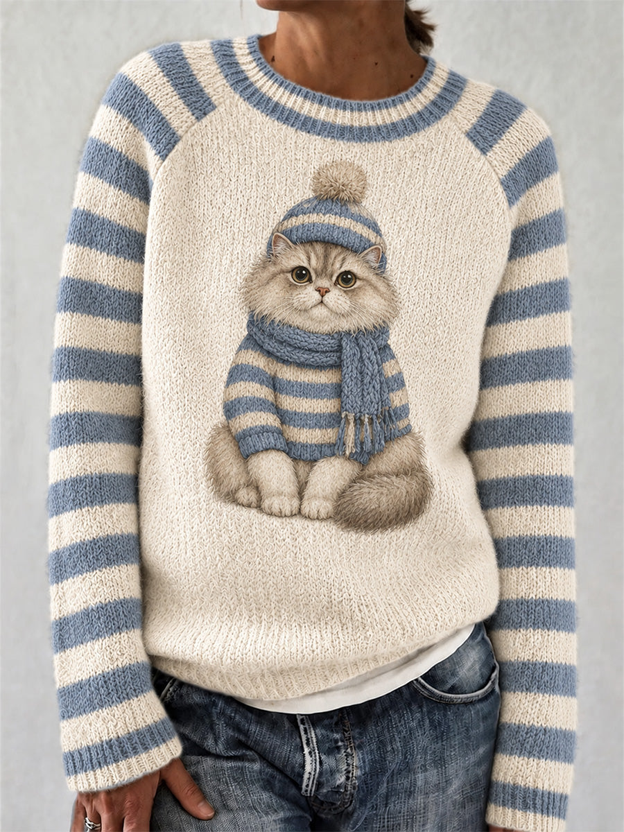 Söt vintertröja för kvinnor med kattmönster, i ledig stil