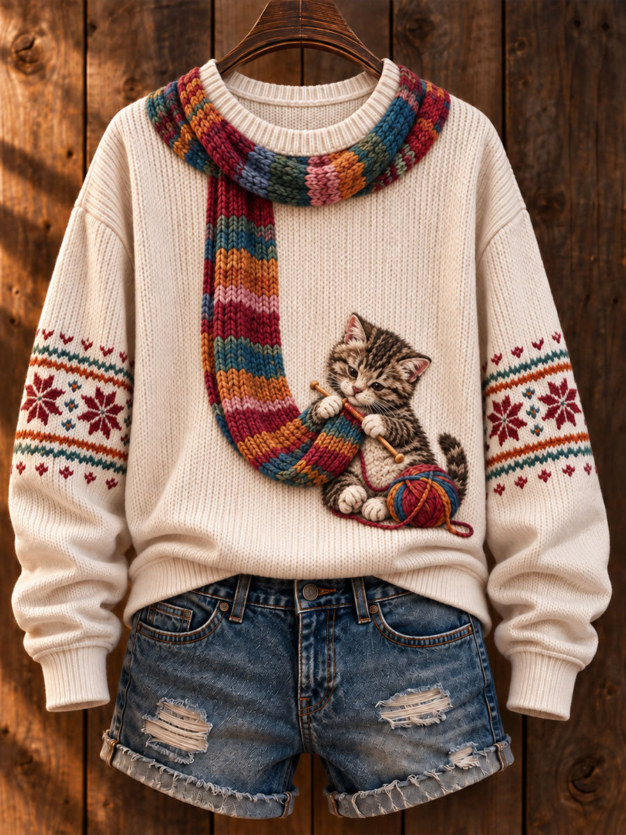 Kvinnors "katt sticka en scarf" Tabby Cat konst-Print Casual tröjar
