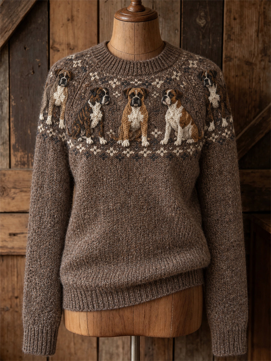 Kvinnors Vintage Boxer hundar Yoke Isle Print besättning hals tröjar
