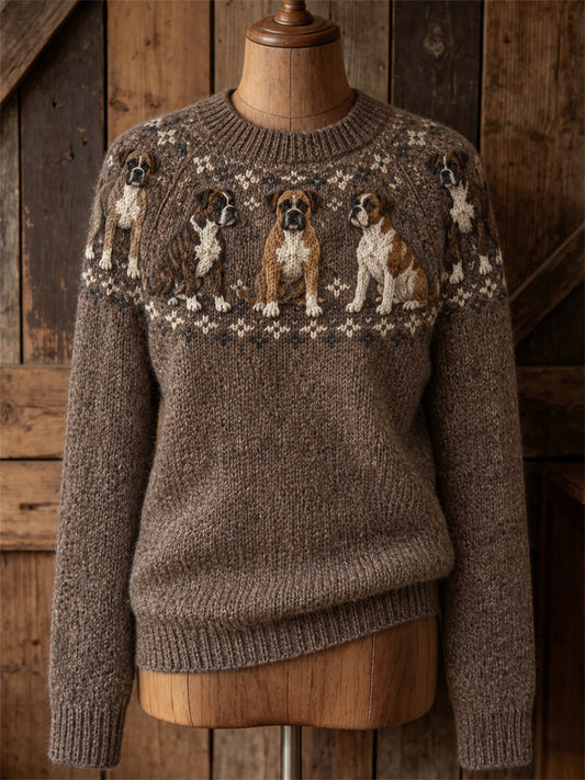 Kvinnors Vintage Boxer hundar Yoke Isle Print besättning hals tröjar