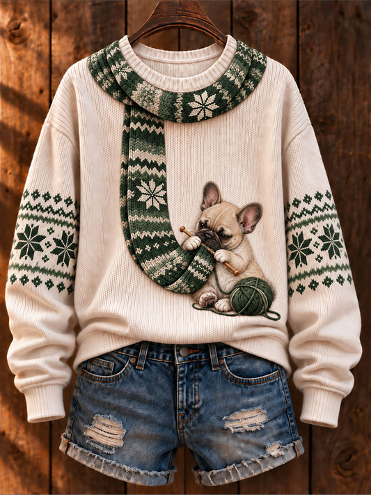 Kvinnors "Hun sticka en scarf" Franska Bulldog konst-Print Casual Tröjar