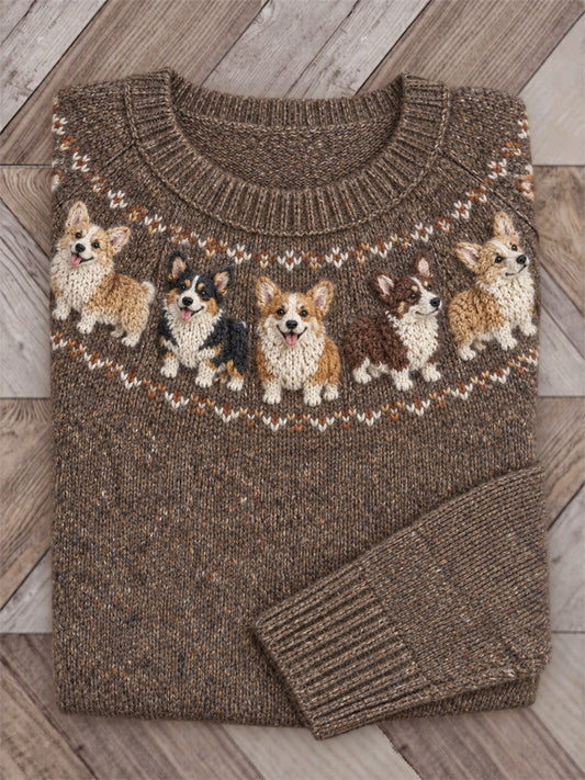 Kvinnors Vintage Corgi hundar Yoke Isle Print besättning hals tröjar