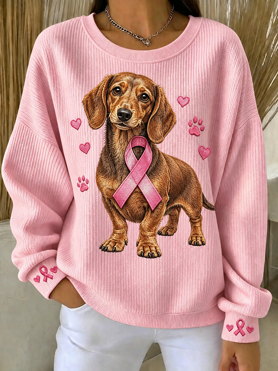 Kvinnors rosa Ribbon Dachhund hund Print rund hals sweathirt