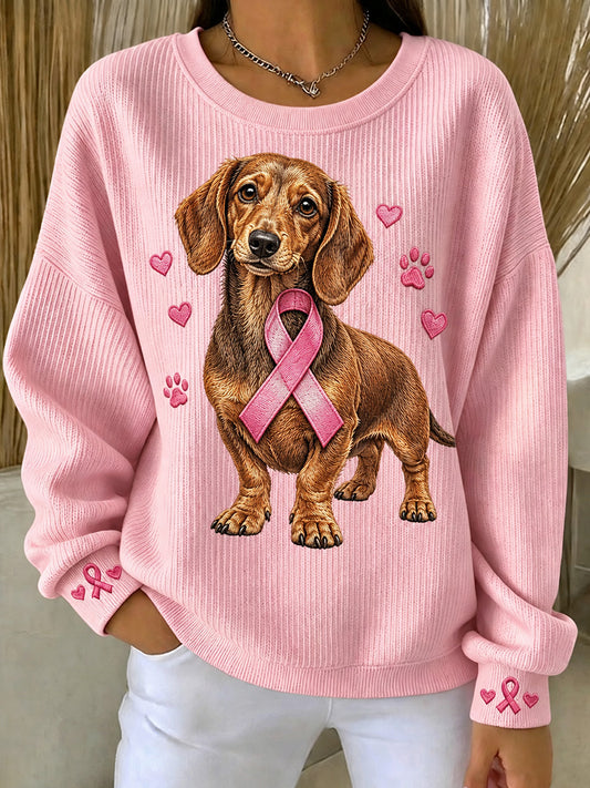 Kvinnors rosa Ribbon Dachhund hund Print rund hals sweathirt