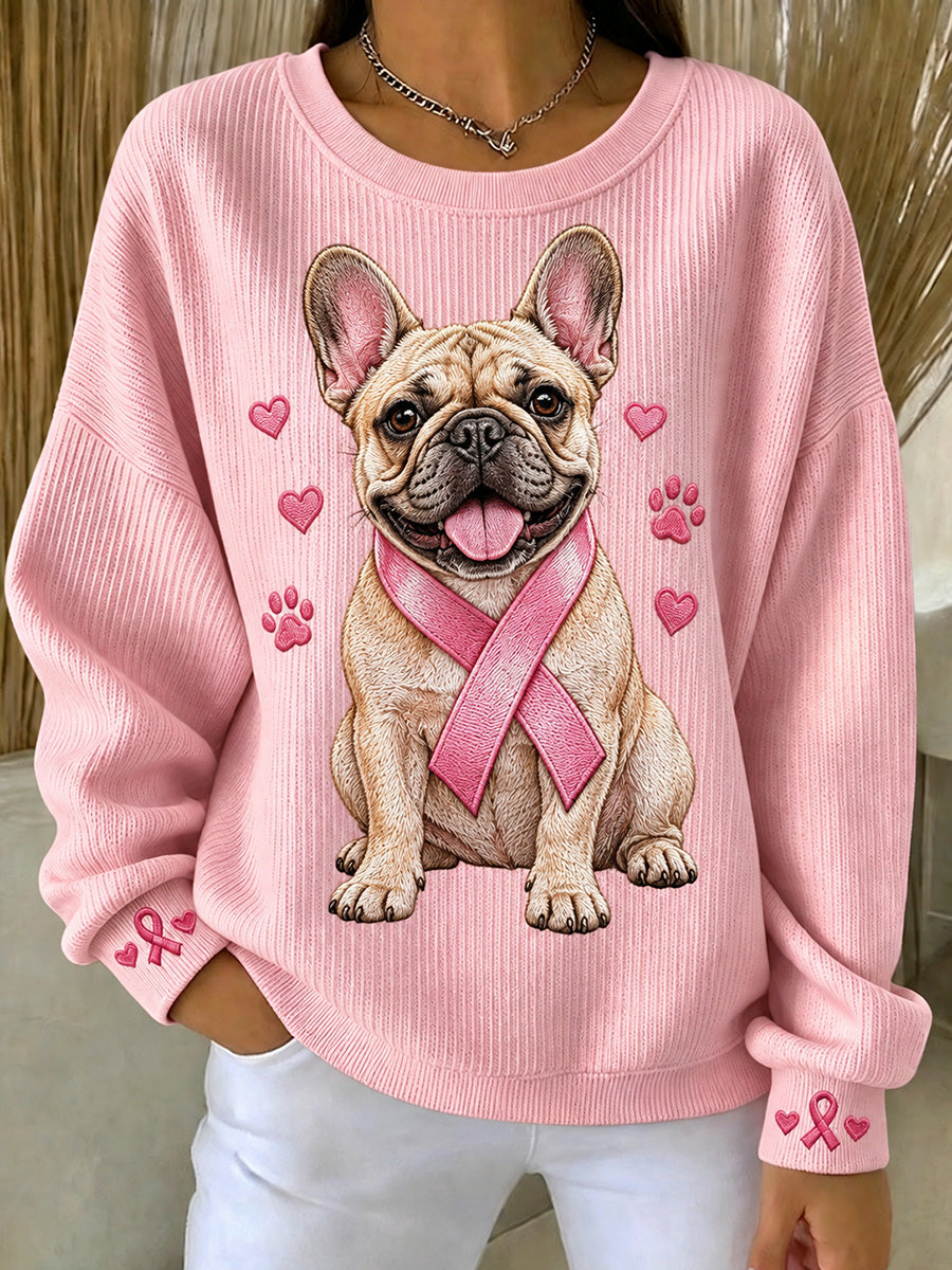 Kvinnor rosa band Franska Bulldog Print rund hals sweathirt