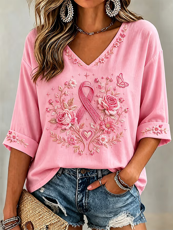 Dammens bröstcancer T-shirt med halvlånga ärmar och V-ringning