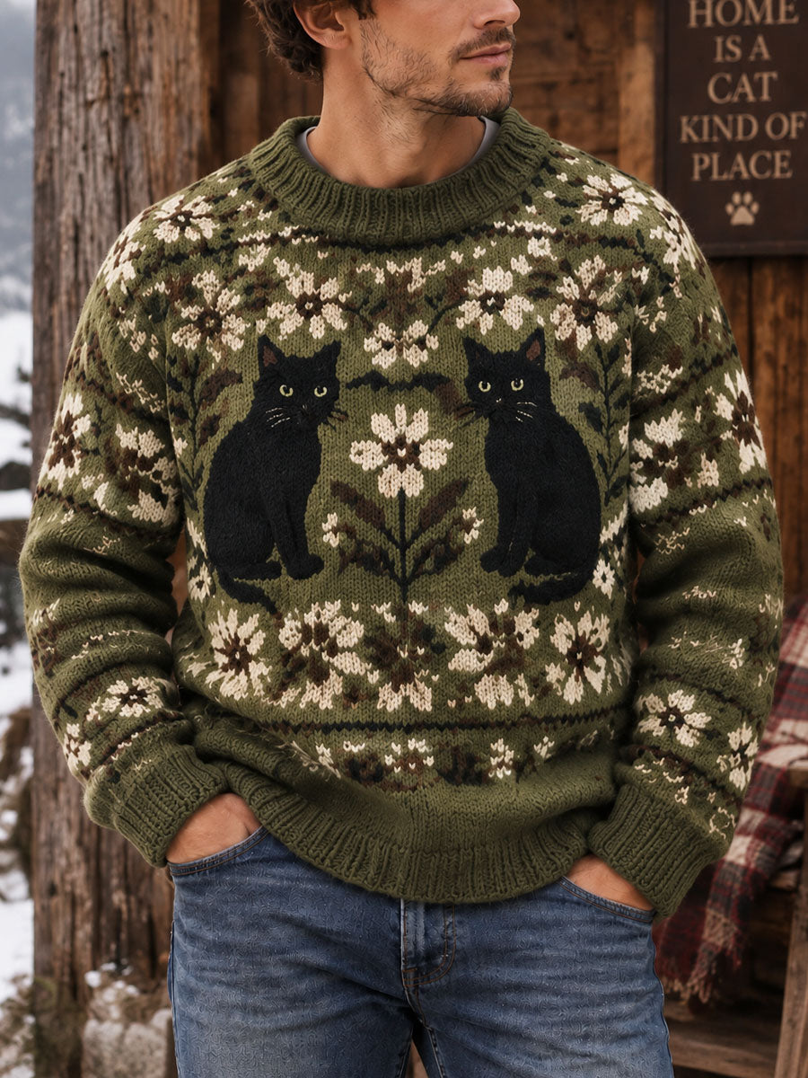 Herrtröja i vintagestil med kattmönster i Fair Isle-stickning
