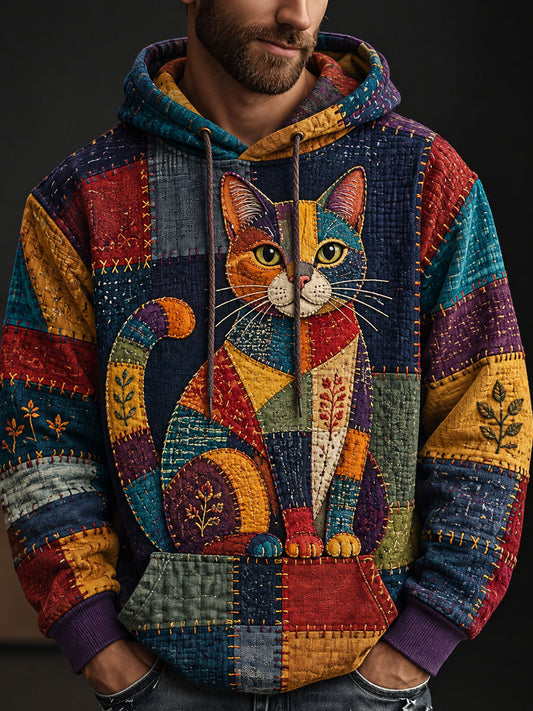 Herr-hoodie i vintage-stil med kattmönster i patchwork-utförande