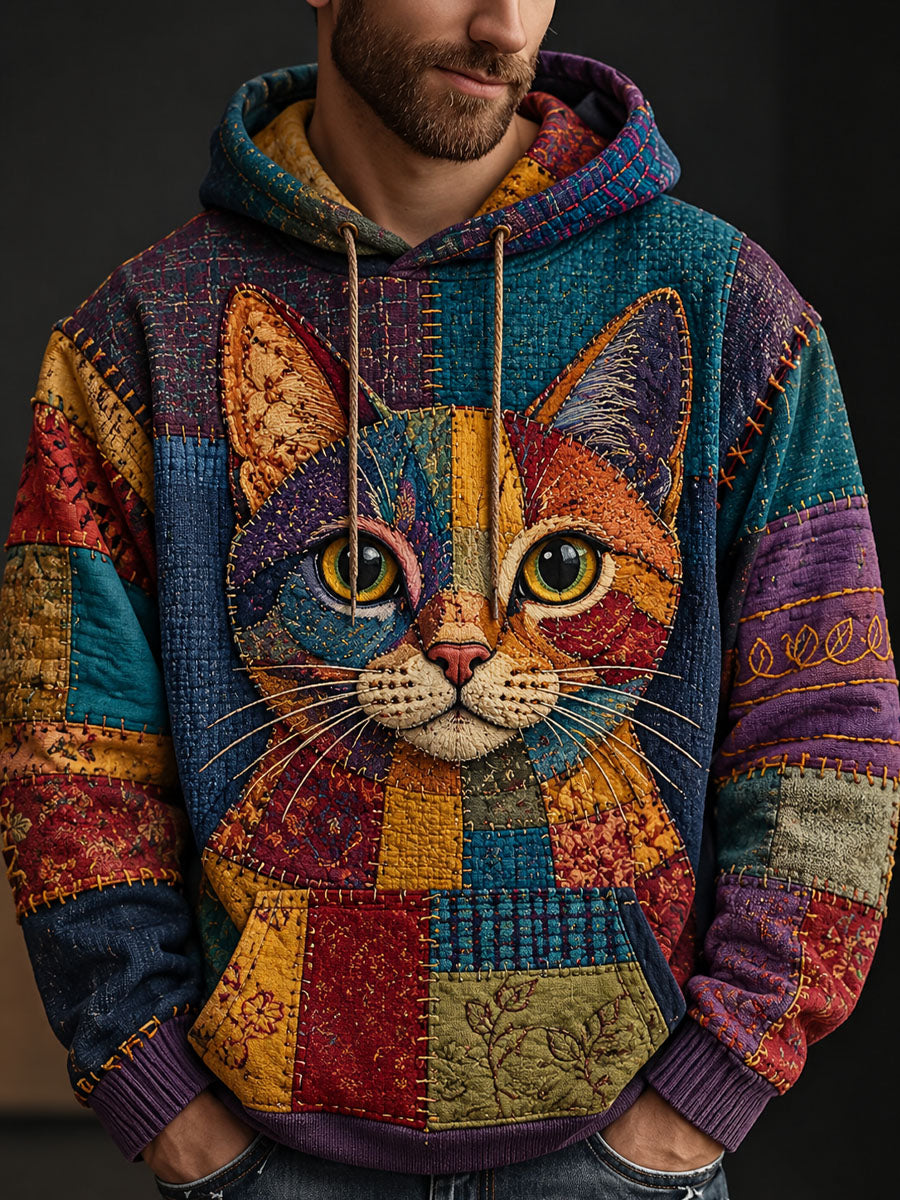 Herr-hoodie i vintage-stil med kattmönster i patchwork-utförande