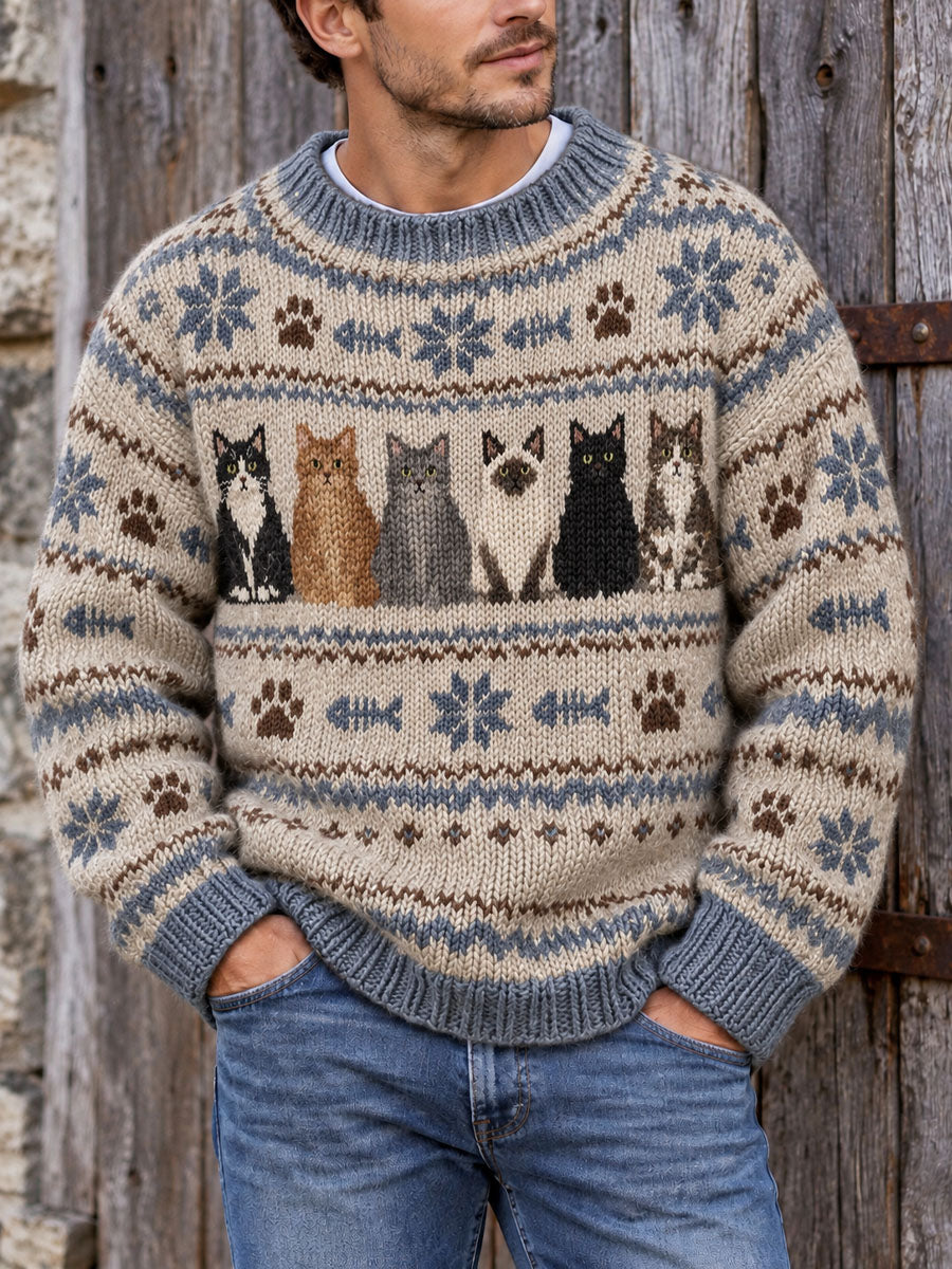 Herrtröja i vintagestil med kattmönster i Fair Isle-stickning