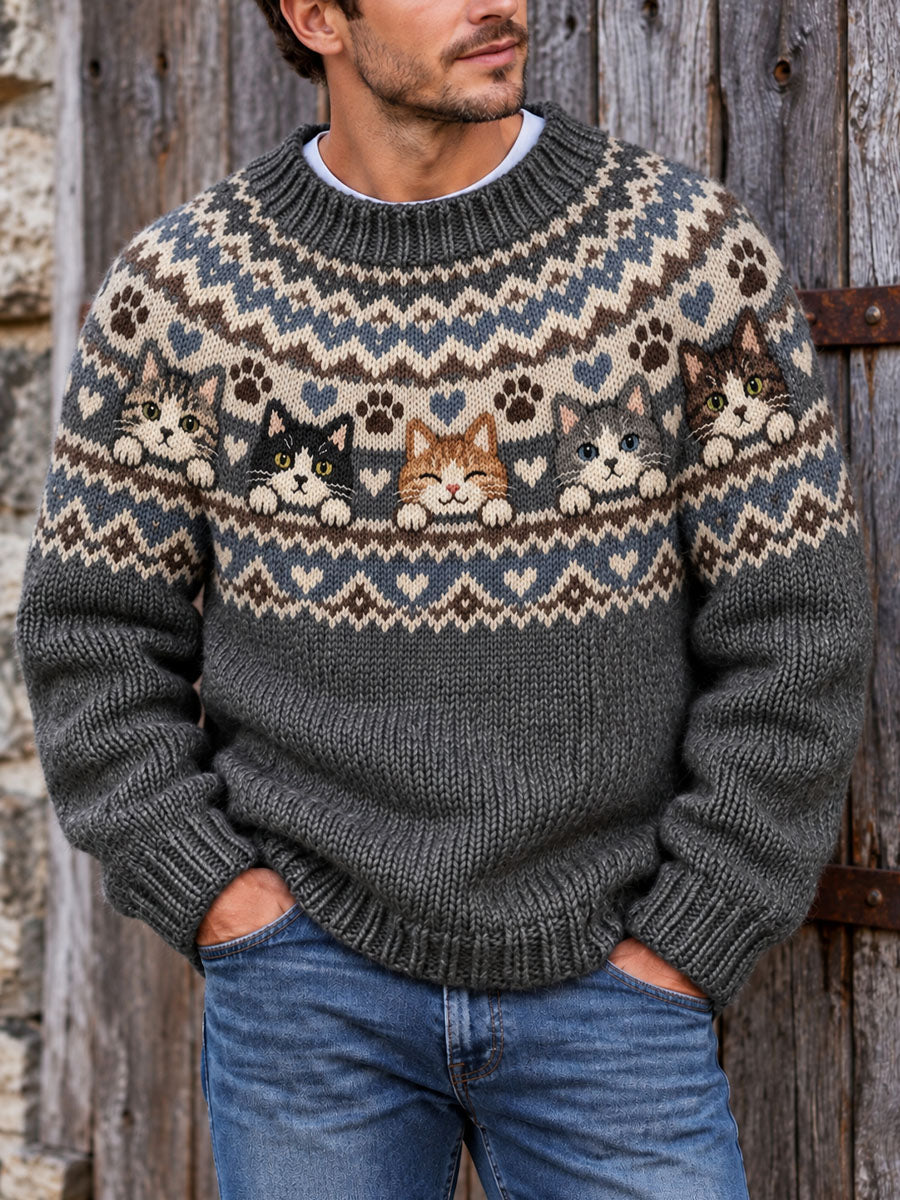 Herrtröja i vintagestil med kattmönster i Fair Isle-stickning