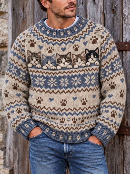 Herrtröja i vintagestil med kattmönster i Fair Isle-stickning