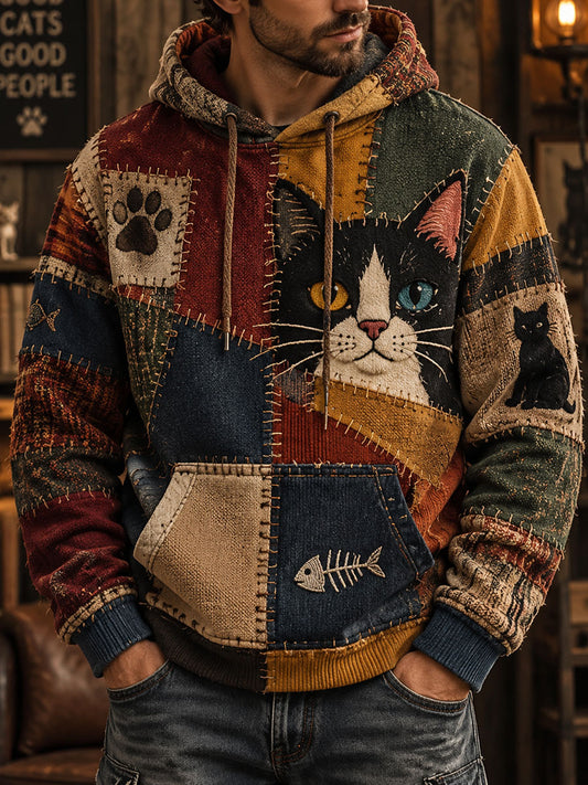 Herr-hoodie i vintage-stil med kattmönster i patchwork-utförande