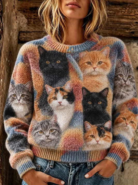 Kvinnors söta färgglada katt huvud Casual rund hals tröjar