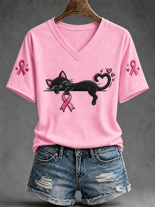 Kvinnors bröstcancer medvetenhet Stöd Print V-Neck Tee