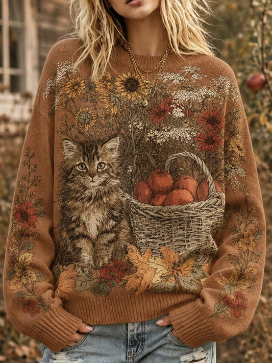 Kvinnors söta höst katt WIth Floral Print besättning hals tröjar