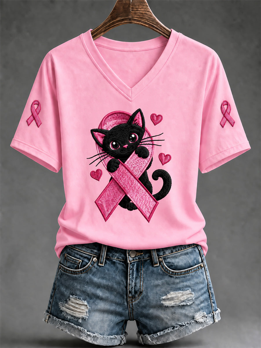 T-shirt med tryckt motiv för stöd och medvetenhet om bröstcancer hos kvinnor, V-ringning