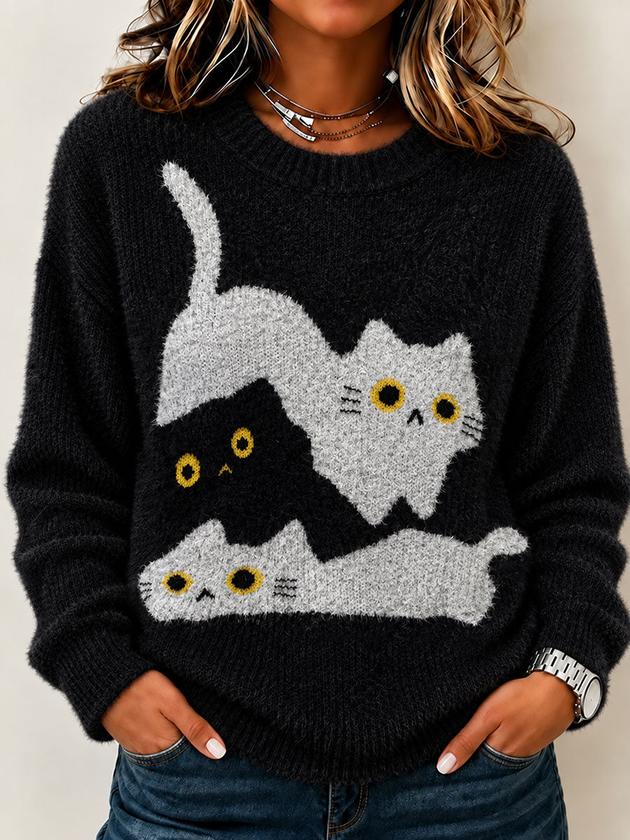 Söt tröja med kattmotiv och rund hals för kvinnor