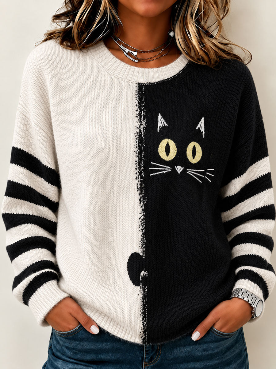 Söt tröja med kattmotiv och rund hals för kvinnor
