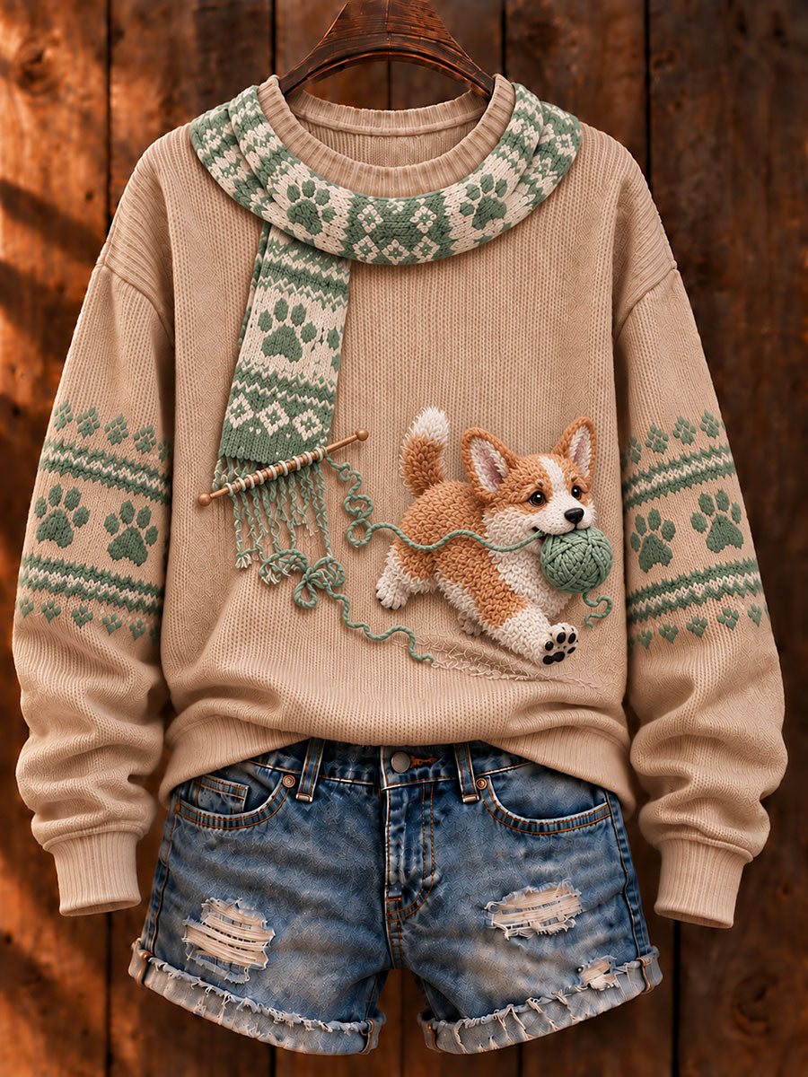 Kvinnors "Mischievous hund" Corgi Konst Print Casual Tröjar
