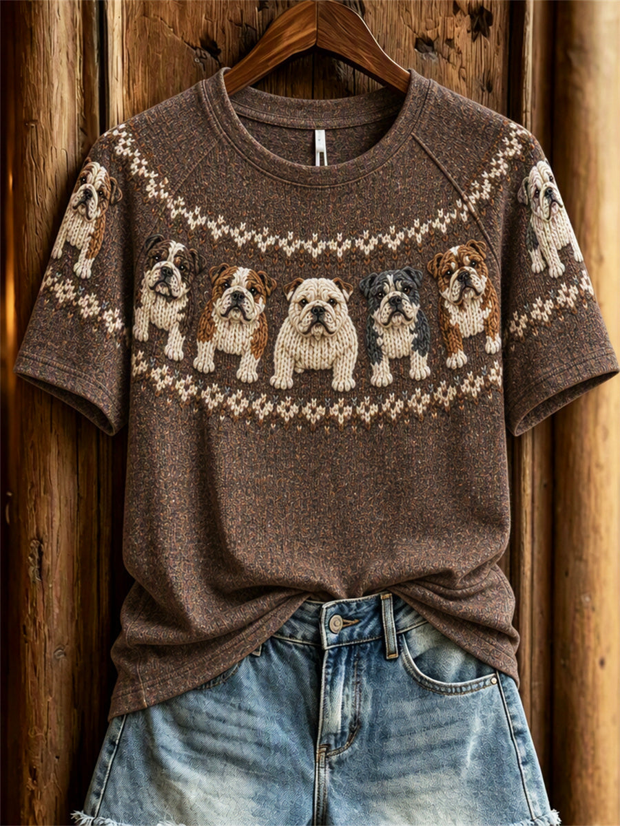 Kvinnors Vintage Bulldogs Yoke Isle Skriv ut kort ärm T-shirt