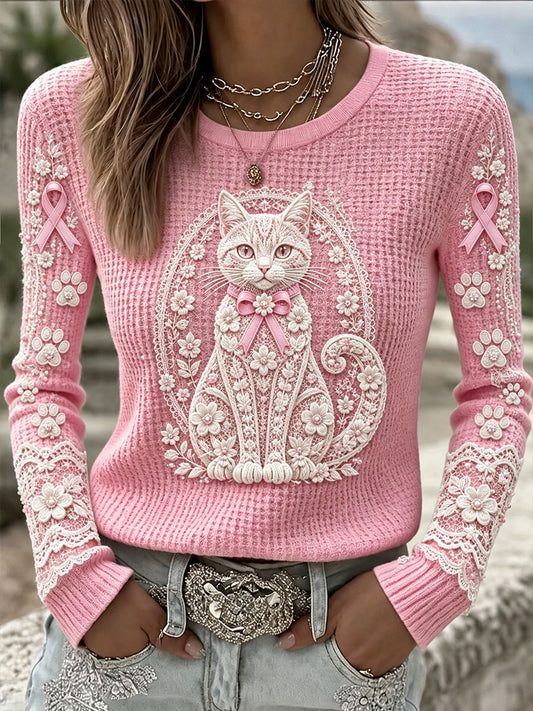 Kvinnors bröstcancer medvetenhet Cat våffel-knit topp