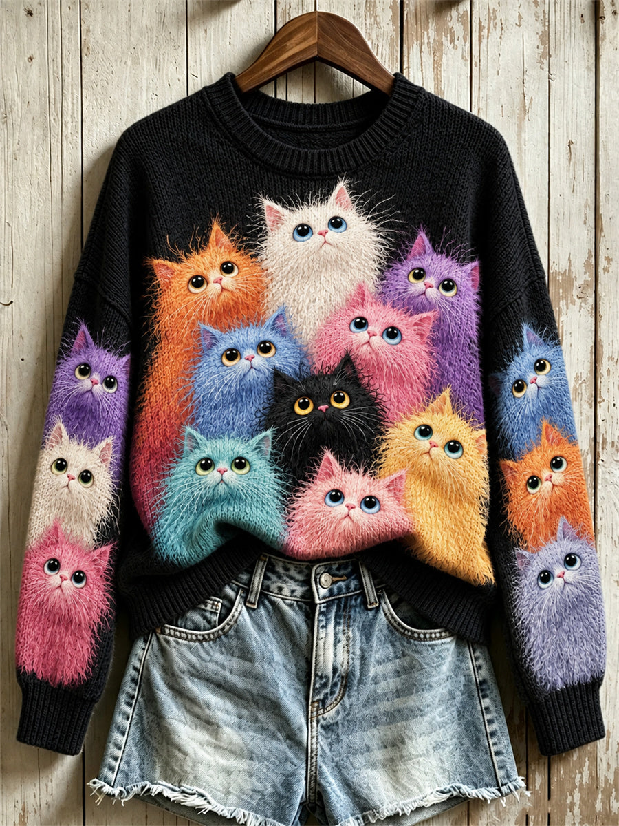 Kvinnors färgglada Fuzzy Cats Skriv ut besättning hals tröjar