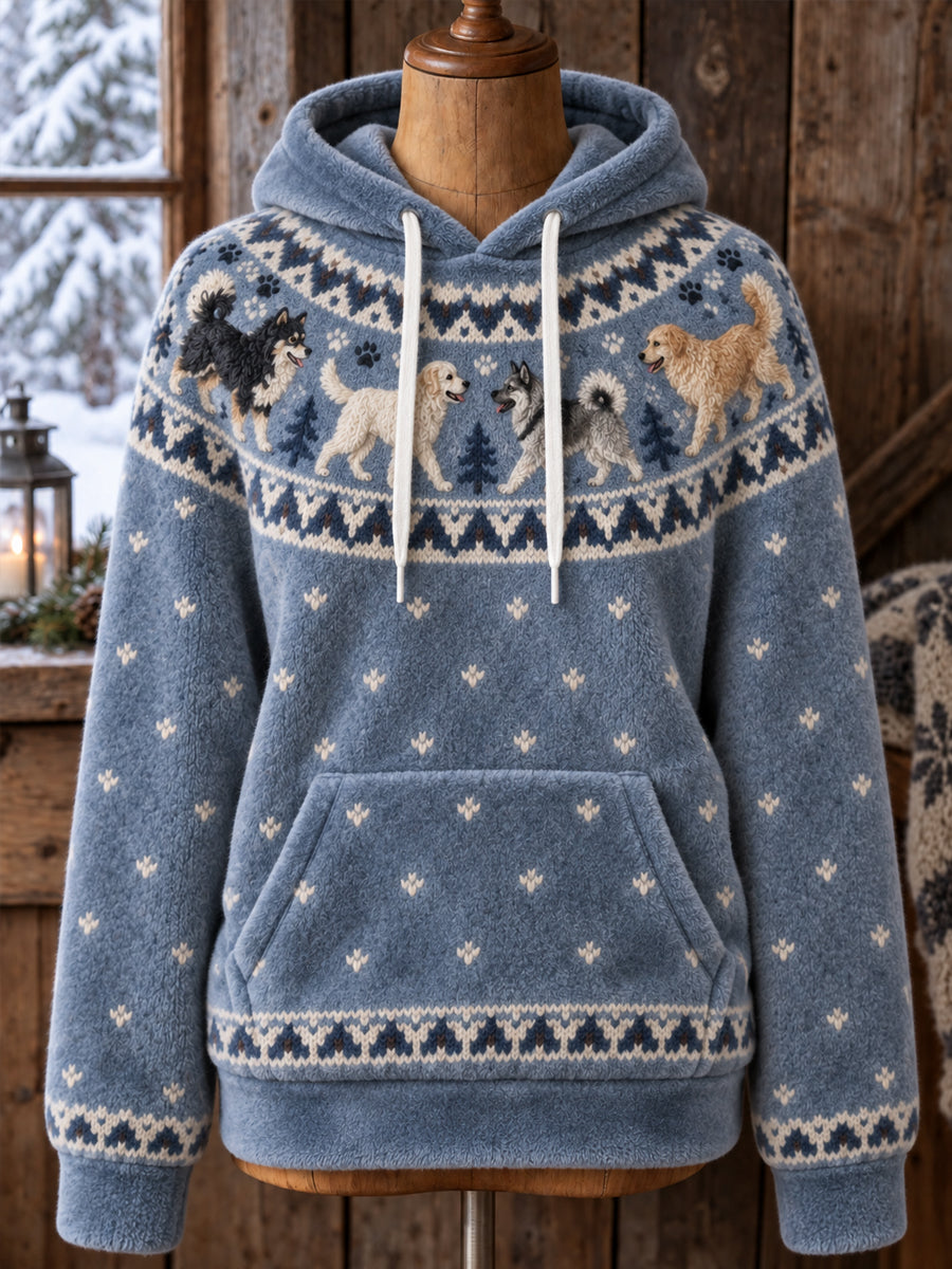 Kvinnors mysiga flannel Hoodie med Vintage-stil djur konst Print