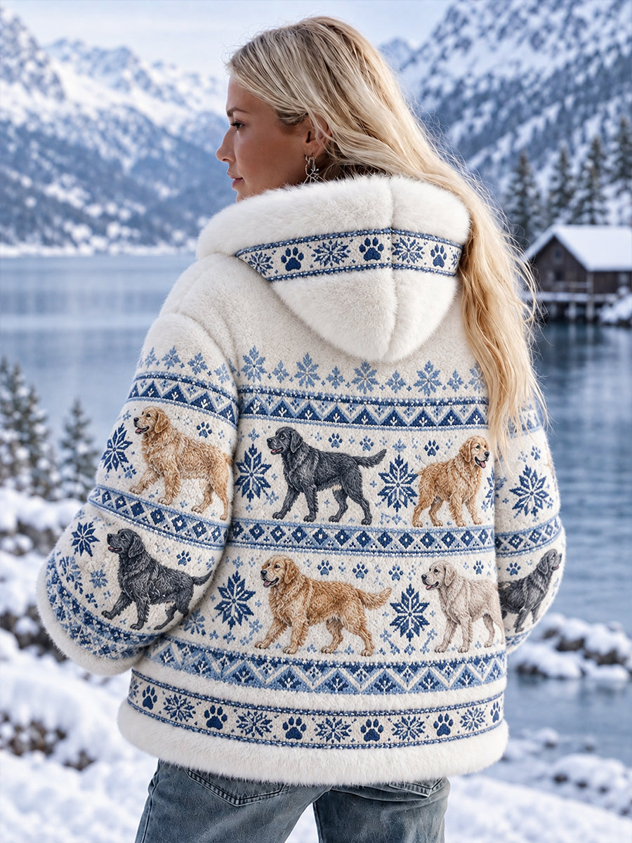 Kvinnors mysiga Flannel Huvad jacka med Vintage-stil djur konst utskrift