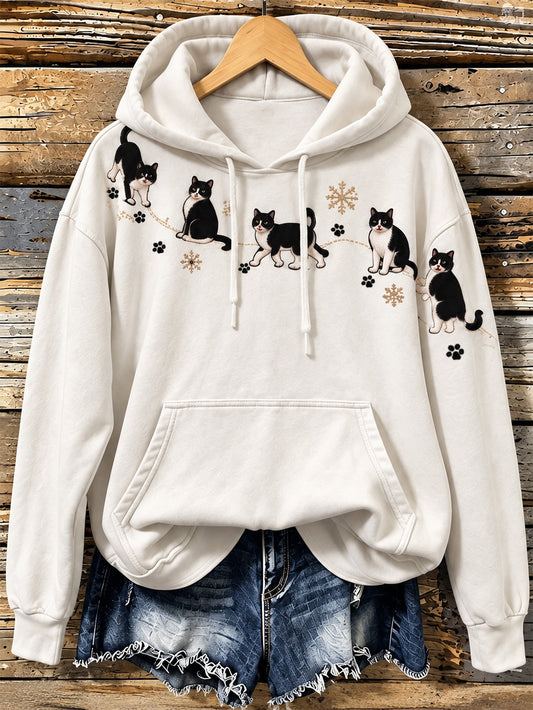 Kvinnlig avslappnad hoodie med söt kattmönstertryck