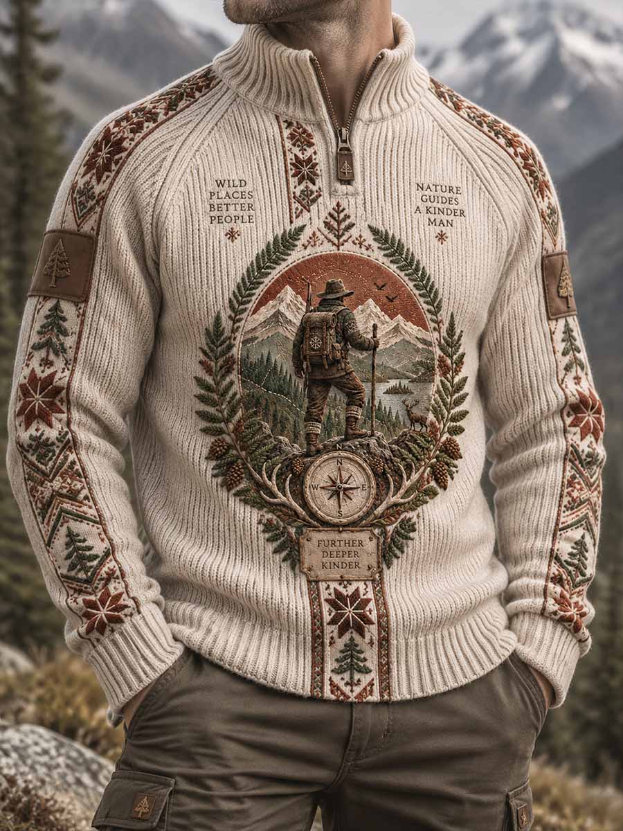 Herrtröja i vintagestil med jakt- och vandringsmönster