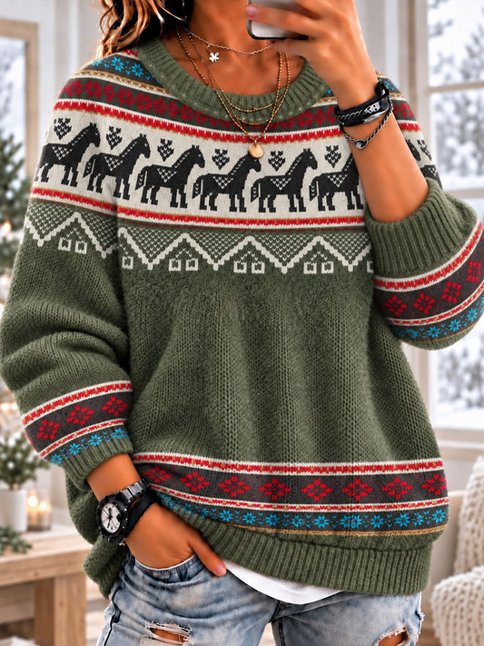 Kvinnors Nordiska Countryside Hästar Lång ärm Crewneck Tröjar