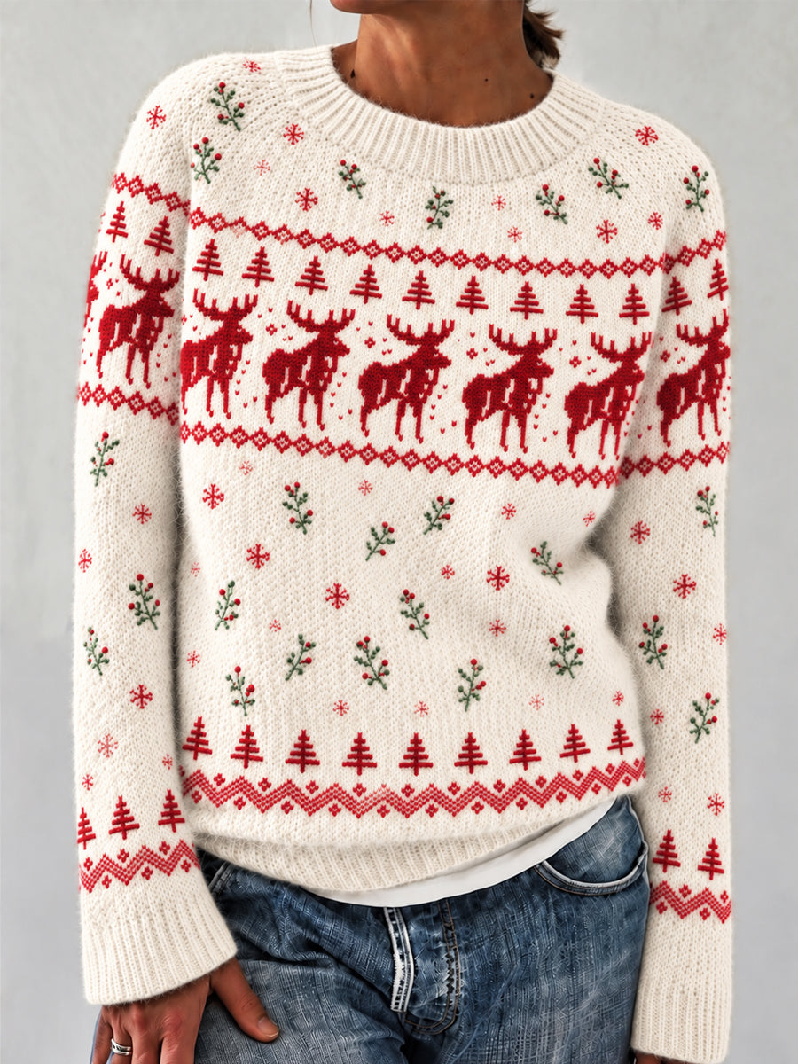 Kvinnors Fair Isle Snöig ren Lång ärm Crewneck tröjar