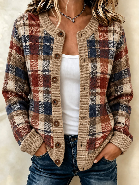 Kvinnors Vintage Plaid Print Patchwork konst cardigan