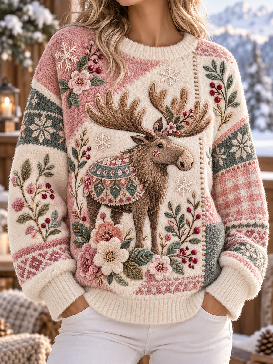 Nordiskt stickat damtopp med skogsdjur