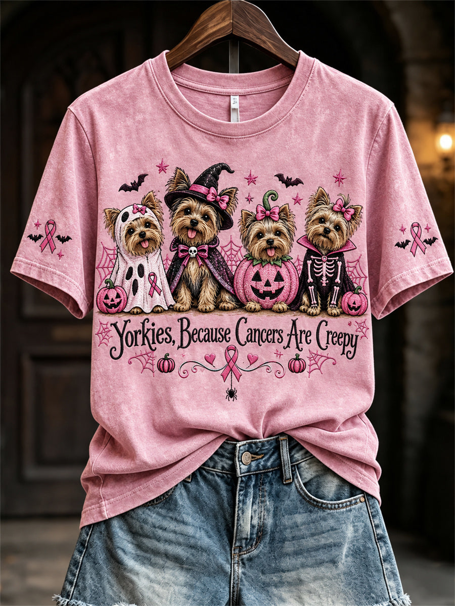 Kvinnors Yorkies eftersom cancer är läskig Halloween Rosa hundar Skriv ut kortärmad t-shirt