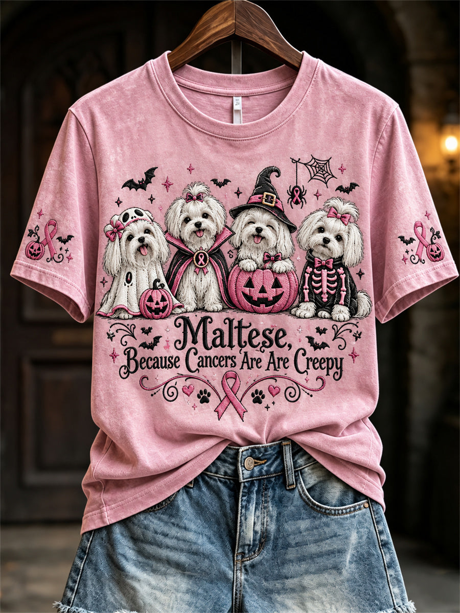 Kvinnors maltesiska Eftersom cancer är läskig Halloween Rosa hundar Skriv ut kortärmad t-shirt