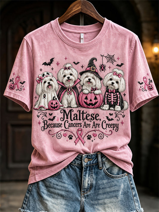 Kvinnors maltesiska Eftersom cancer är läskig Halloween Rosa hundar Skriv ut kortärmad t-shirt