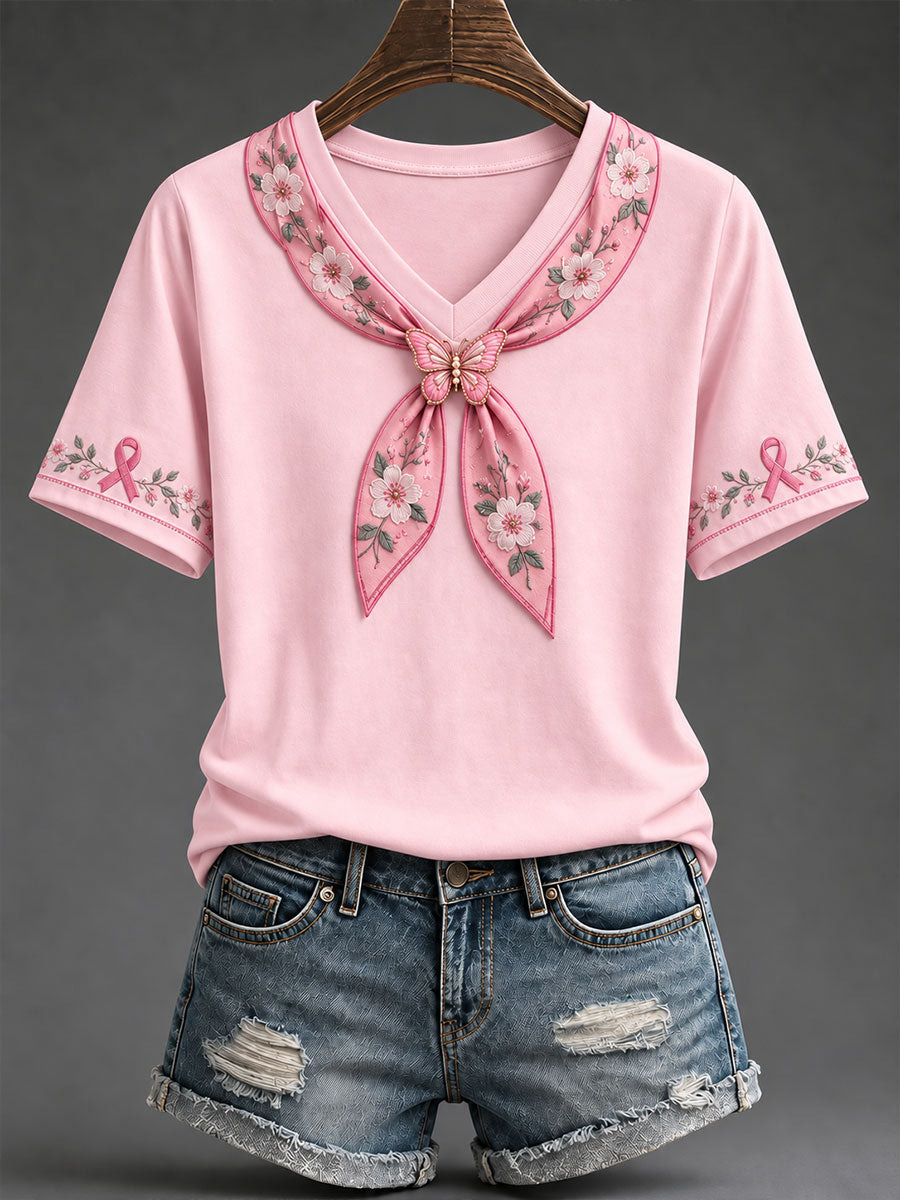 Kvinnor Pink Ribbon Floral Art Print T-shirt