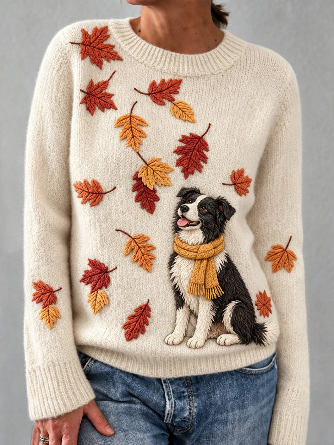 Kvinnors höstblad Hund mönster Design Casual Långärm tröjar