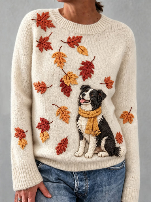Kvinnors höstblad Hund mönster Design Casual Långärm tröjar