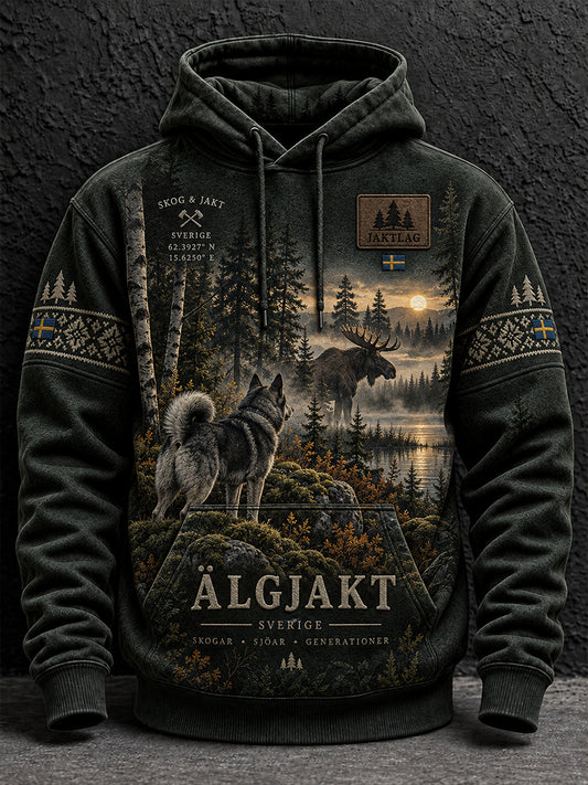 Mansjacka för svensk jaktsäsong, oversized huvtröja med fallande axlar och fickor