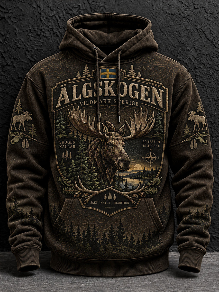 Mansjacka för svensk jaktsäsong, oversized huvtröja med fallande axlar och fickor