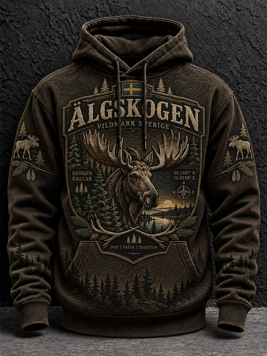 Mansjacka för svensk jaktsäsong, oversized huvtröja med fallande axlar och fickor