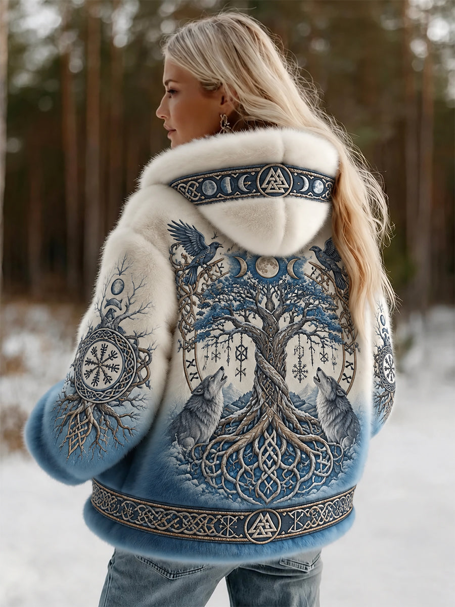Kvinnlig vintage-vikingjacka i flanell med keltisk knut, vargtryck och gradientfärgning