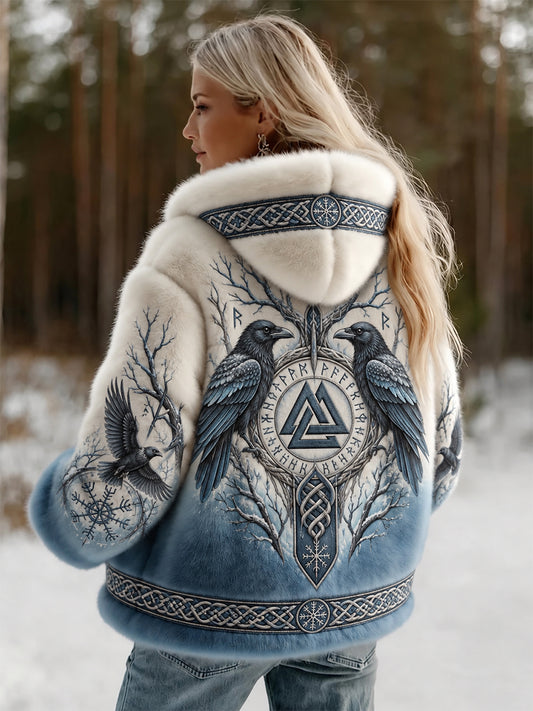 Damvinterjacka i flanell med vintage-viking- och keltiskt knutmotiv, kråktryck och gradientfärgning