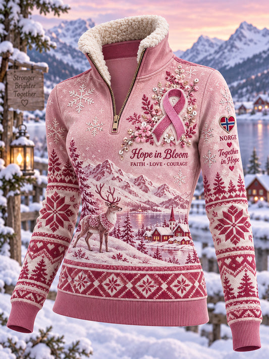 T-shirt med grafiskt tryck för bröstcancermedvetande, mockhals och långa ärmarna
