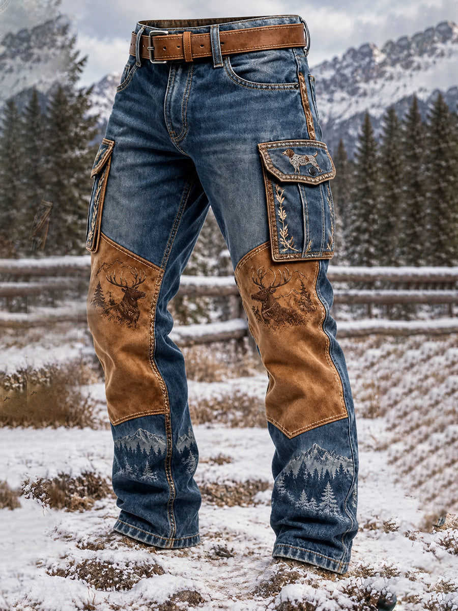 Mans Vintage Western Jaktkonsttryck Casual Cargobyxor