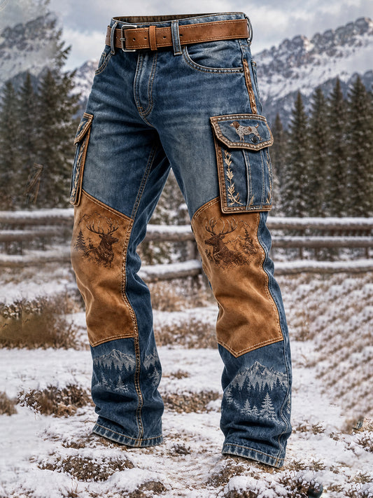 Mans Vintage Western Jaktkonsttryck Casual Cargobyxor