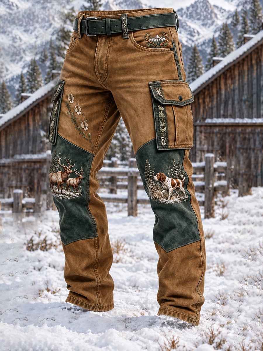 Mans Vintage Western Jaktkonsttryck Casual Cargobyxor